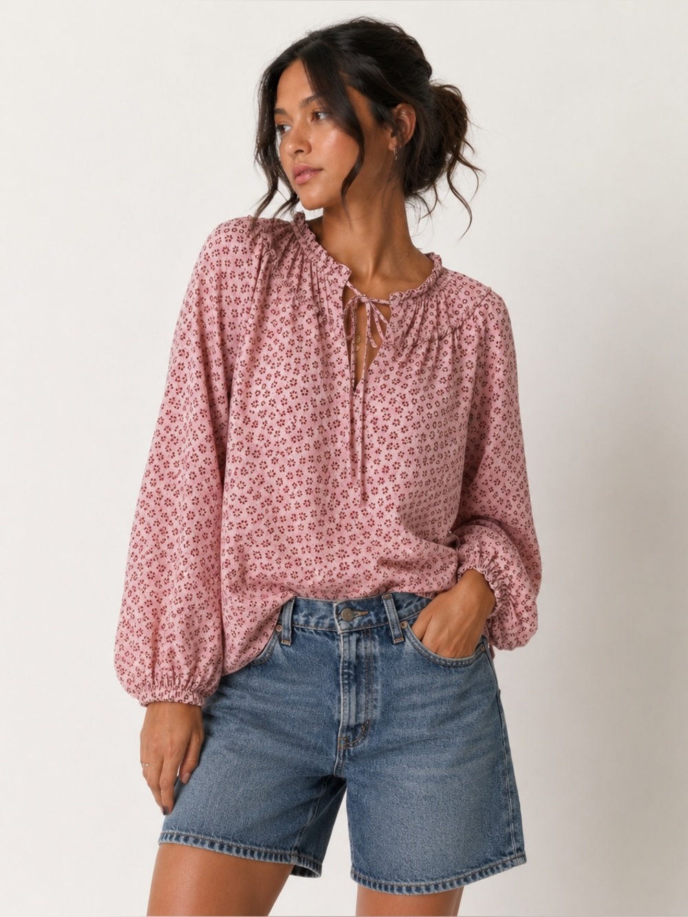 Boden Womens Medium 8 Cottagecore Floral Blouse Pink Ruffle Tie Neck Peasant top